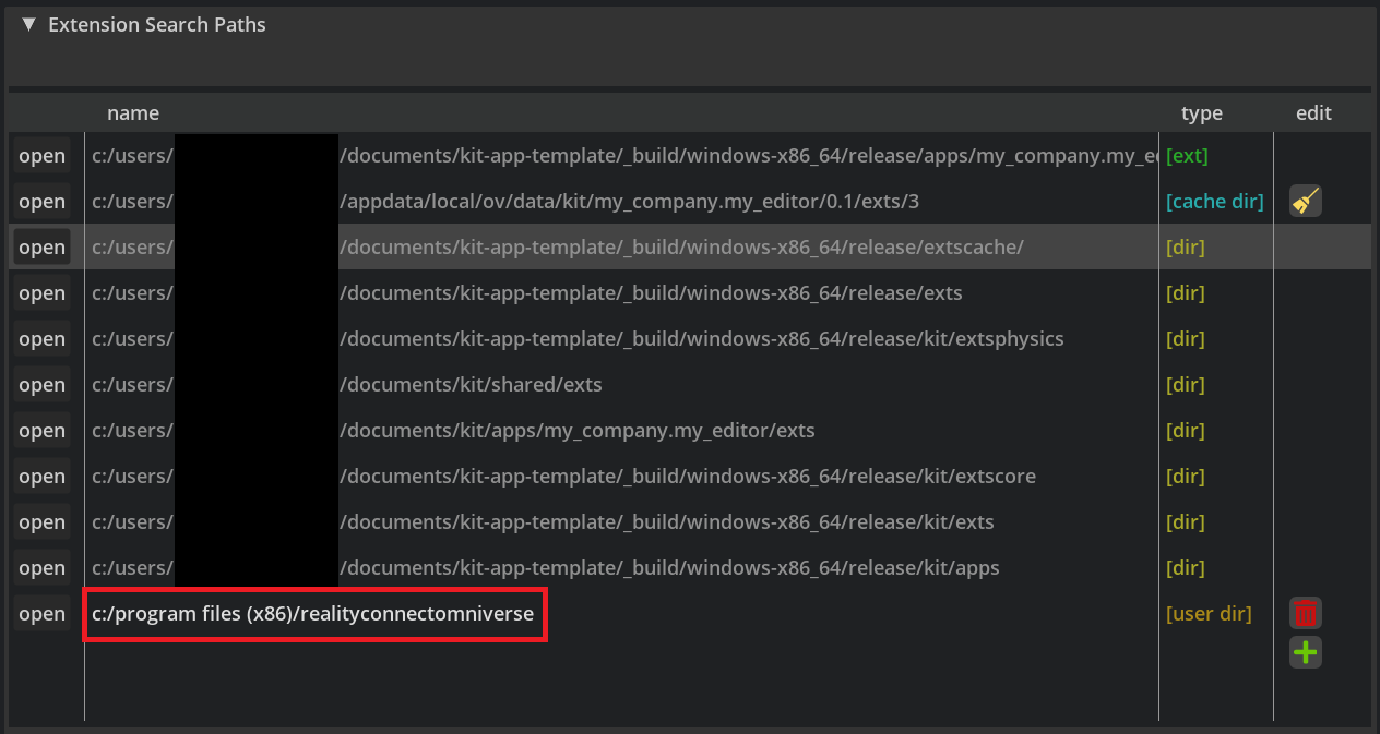 Directory paths for extensions in a software application, highlighting a specific path.